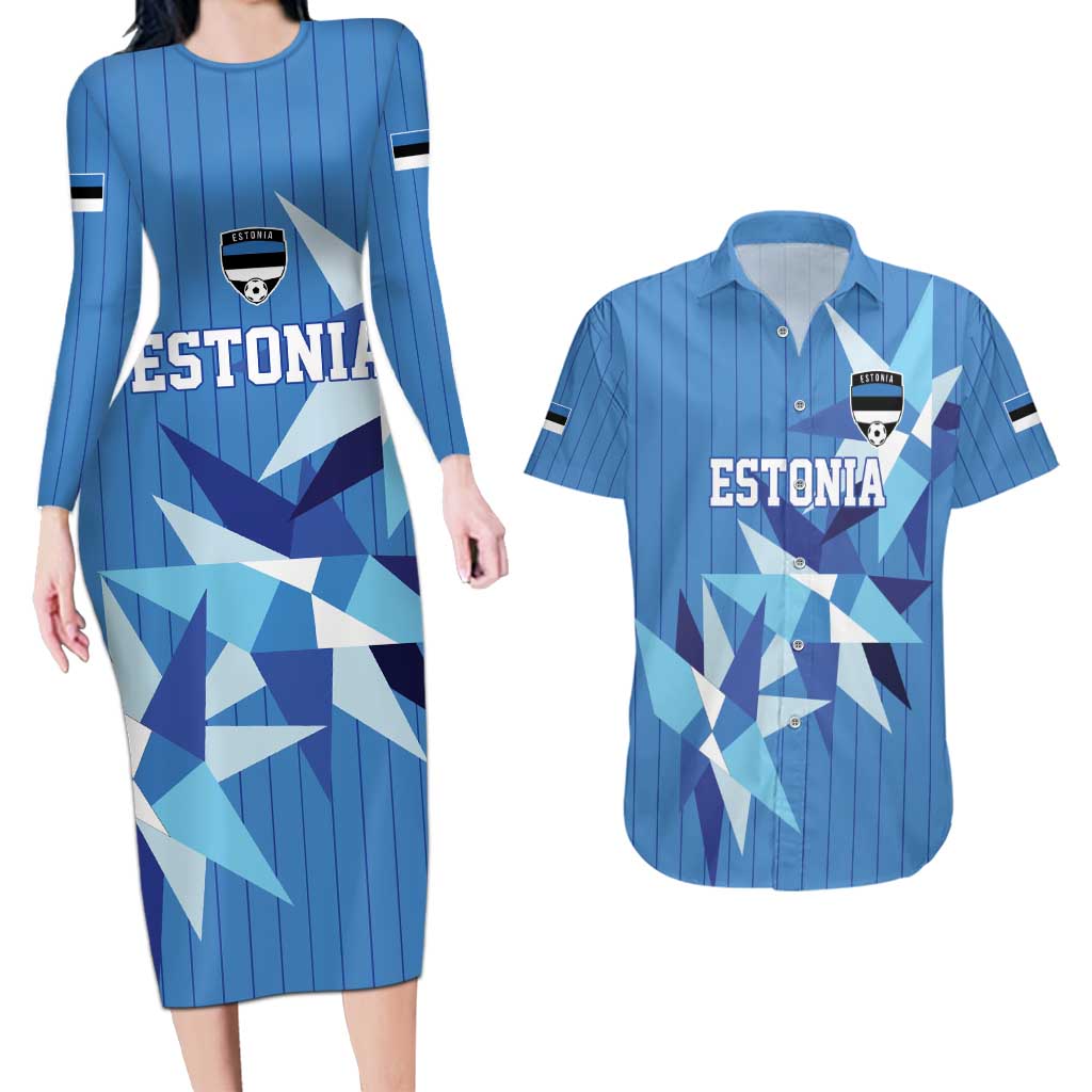 Custom Estonia Football Couples Matching Long Sleeve Bodycon Dress and Hawaiian Shirt Retro Jersey Blue Version