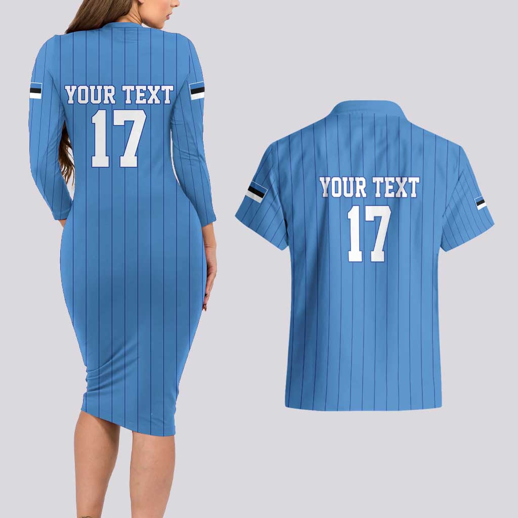 Custom Estonia Football Couples Matching Long Sleeve Bodycon Dress and Hawaiian Shirt Retro Jersey Blue Version