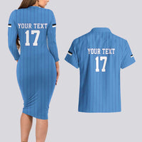 Custom Estonia Football Couples Matching Long Sleeve Bodycon Dress and Hawaiian Shirt Retro Jersey Blue Version