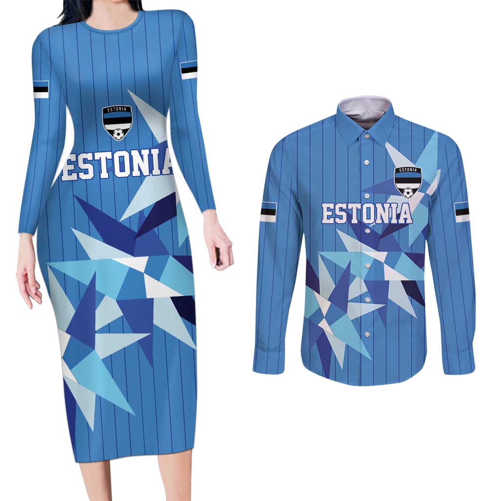 Custom Estonia Football Couples Matching Long Sleeve Bodycon Dress and Long Sleeve Button Shirt Retro Jersey Blue Version