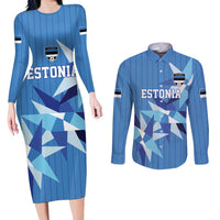Custom Estonia Football Couples Matching Long Sleeve Bodycon Dress and Long Sleeve Button Shirt Retro Jersey Blue Version