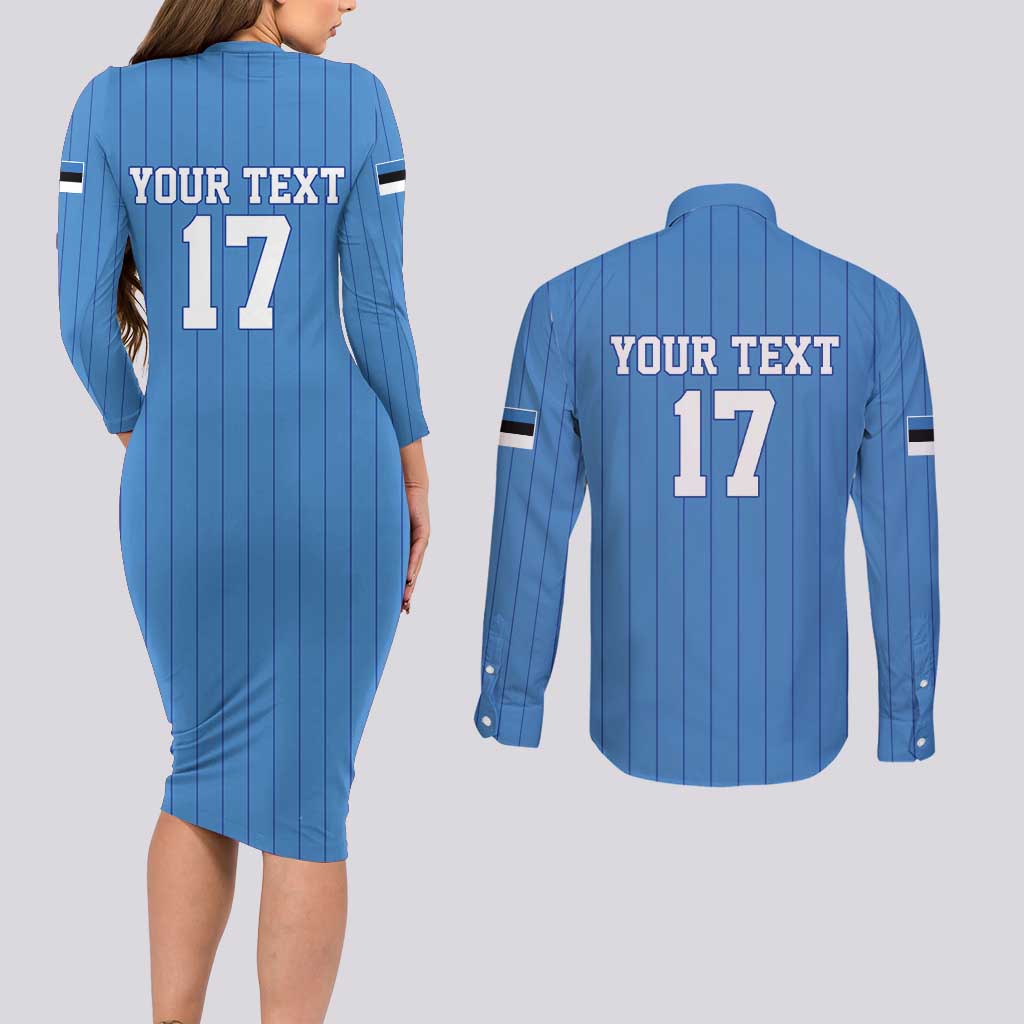 Custom Estonia Football Couples Matching Long Sleeve Bodycon Dress and Long Sleeve Button Shirt Retro Jersey Blue Version