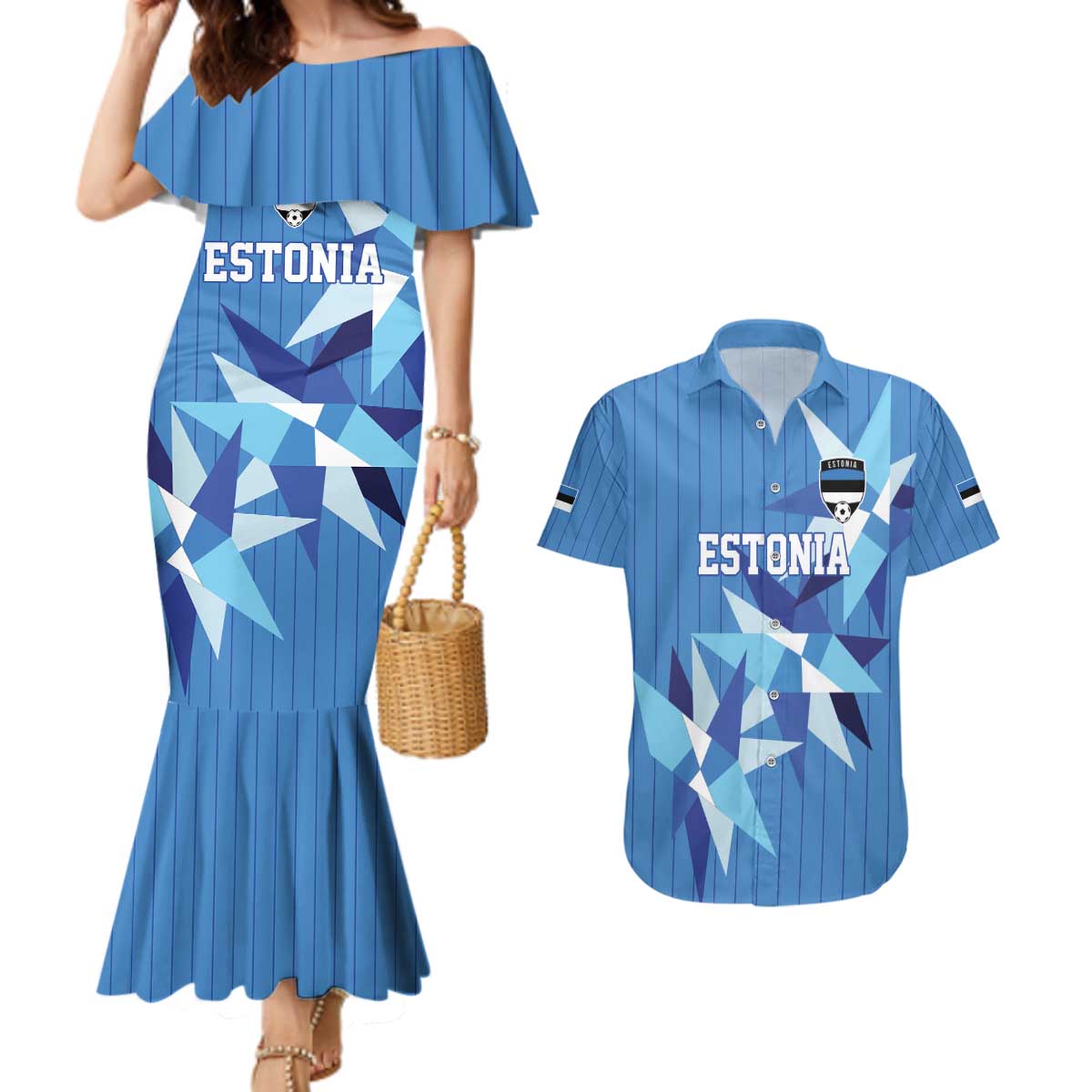Custom Estonia Football Couples Matching Mermaid Dress and Hawaiian Shirt Retro Jersey Blue Version