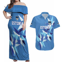 Custom Estonia Football Couples Matching Off Shoulder Maxi Dress and Hawaiian Shirt Retro Jersey Blue Version