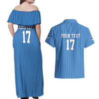 Custom Estonia Football Couples Matching Off Shoulder Maxi Dress and Hawaiian Shirt Retro Jersey Blue Version