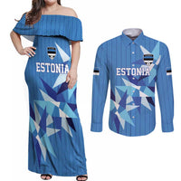 Custom Estonia Football Couples Matching Off Shoulder Maxi Dress and Long Sleeve Button Shirt Retro Jersey Blue Version