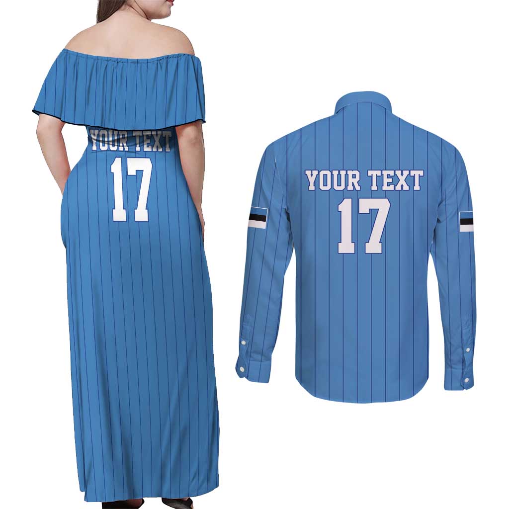 Custom Estonia Football Couples Matching Off Shoulder Maxi Dress and Long Sleeve Button Shirt Retro Jersey Blue Version