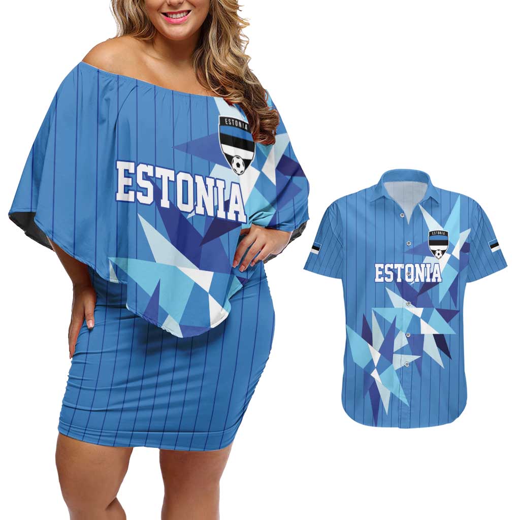 Custom Estonia Football Couples Matching Off Shoulder Short Dress and Hawaiian Shirt Retro Jersey Blue Version