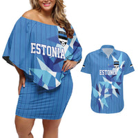 Custom Estonia Football Couples Matching Off Shoulder Short Dress and Hawaiian Shirt Retro Jersey Blue Version