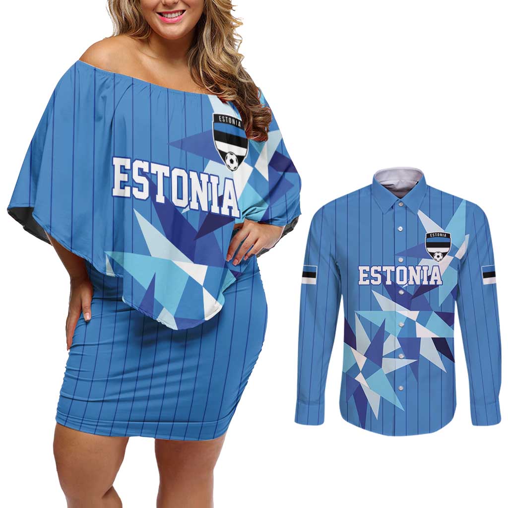 Custom Estonia Football Couples Matching Off Shoulder Short Dress and Long Sleeve Button Shirt Retro Jersey Blue Version