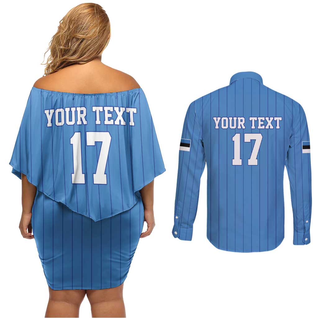Custom Estonia Football Couples Matching Off Shoulder Short Dress and Long Sleeve Button Shirt Retro Jersey Blue Version