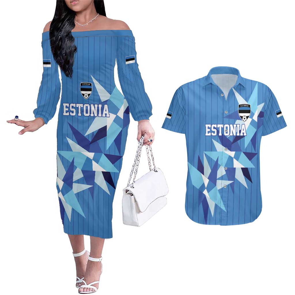 Custom Estonia Football Couples Matching Off The Shoulder Long Sleeve Dress and Hawaiian Shirt Retro Jersey Blue Version