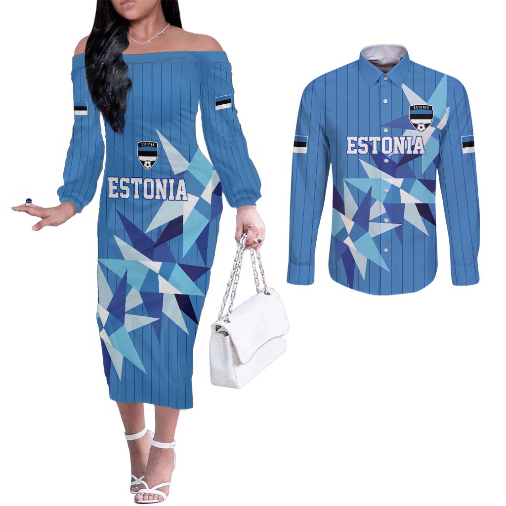 Custom Estonia Football Couples Matching Off The Shoulder Long Sleeve Dress and Long Sleeve Button Shirt Retro Jersey Blue Version
