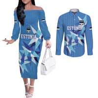 Custom Estonia Football Couples Matching Off The Shoulder Long Sleeve Dress and Long Sleeve Button Shirt Retro Jersey Blue Version