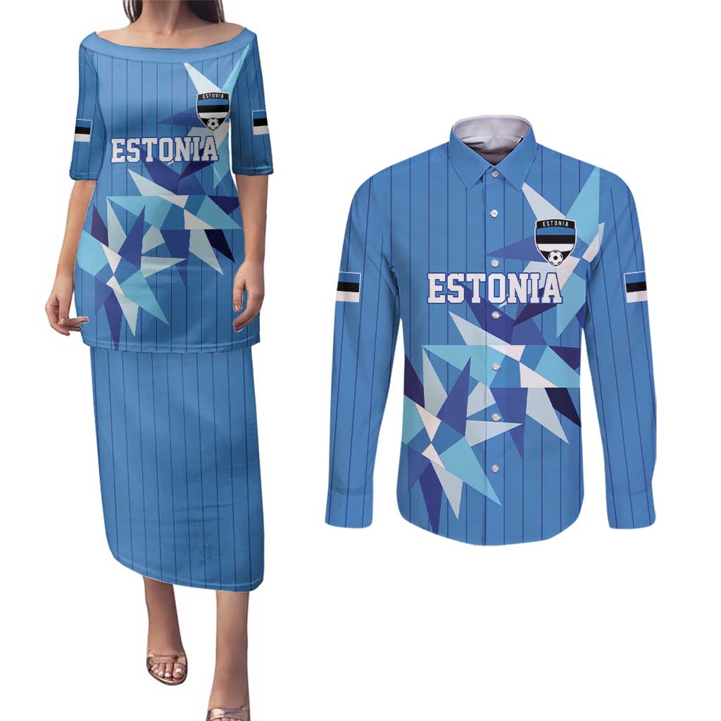 Custom Estonia Football Couples Matching Puletasi and Long Sleeve Button Shirt Retro Jersey Blue Version