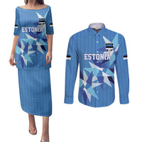 Custom Estonia Football Couples Matching Puletasi and Long Sleeve Button Shirt Retro Jersey Blue Version