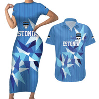 Custom Estonia Football Couples Matching Short Sleeve Bodycon Dress and Hawaiian Shirt Retro Jersey Blue Version