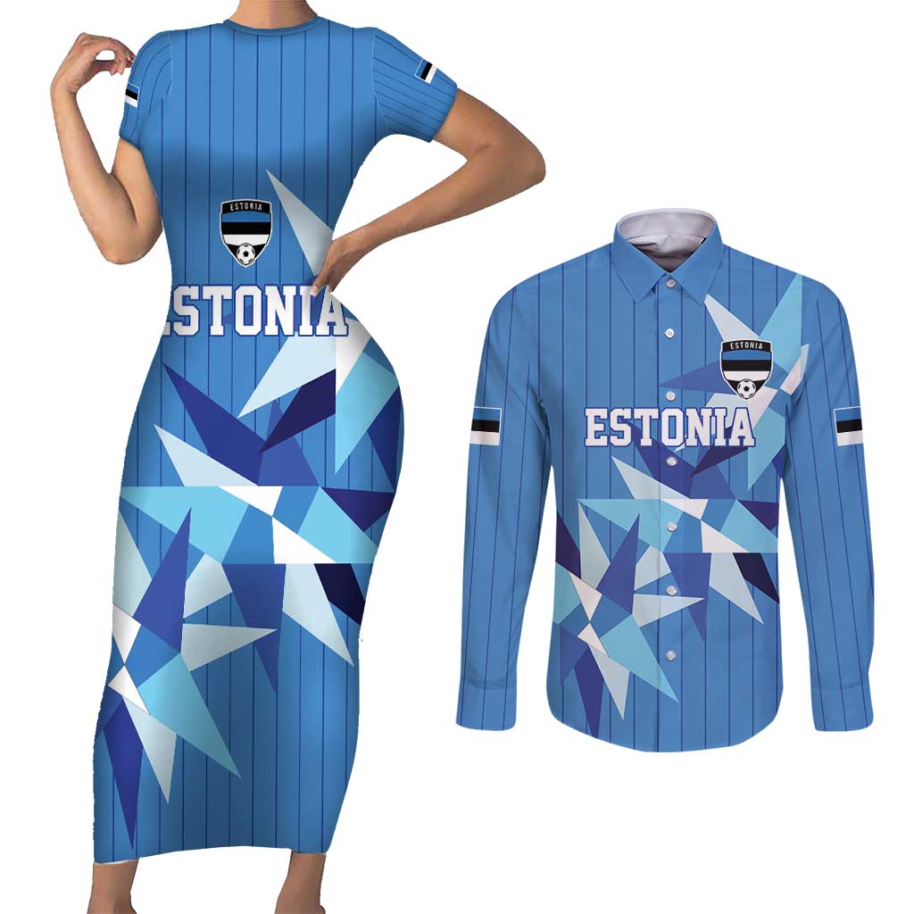 Custom Estonia Football Couples Matching Short Sleeve Bodycon Dress and Long Sleeve Button Shirt Retro Jersey Blue Version