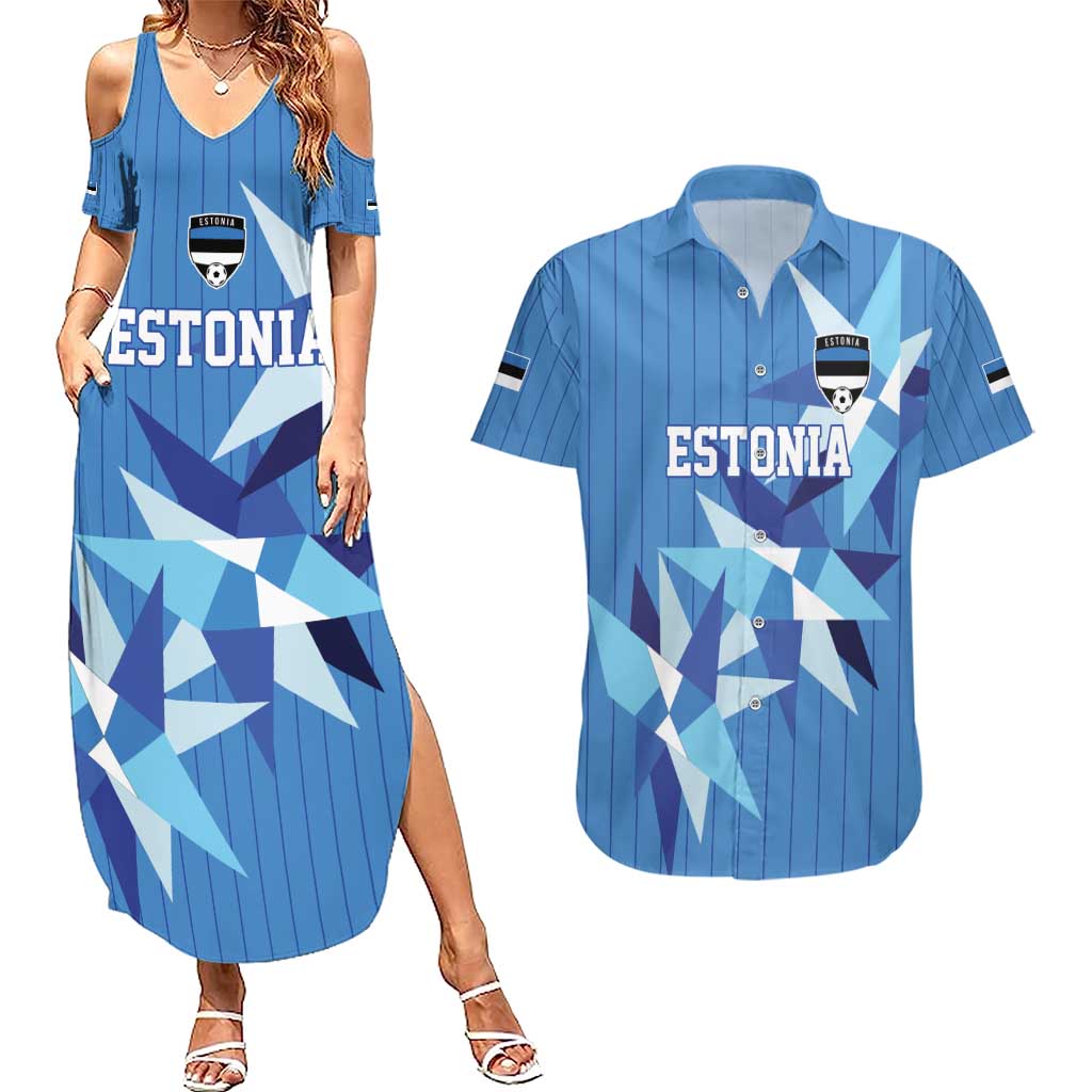 Custom Estonia Football Couples Matching Summer Maxi Dress and Hawaiian Shirt Retro Jersey Blue Version