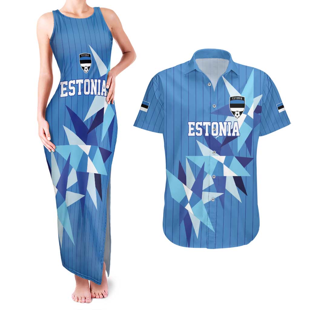 Custom Estonia Football Couples Matching Tank Maxi Dress and Hawaiian Shirt Retro Jersey Blue Version