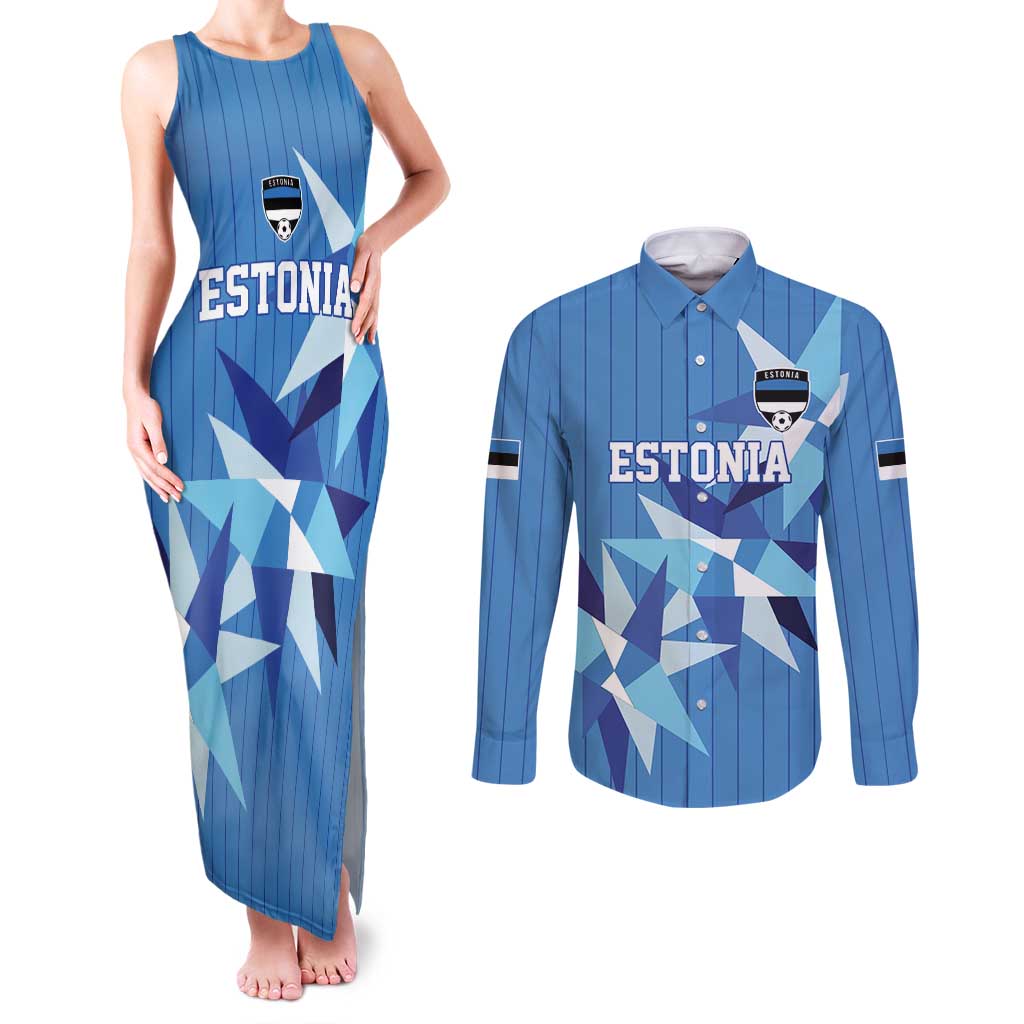 Custom Estonia Football Couples Matching Tank Maxi Dress and Long Sleeve Button Shirt Retro Jersey Blue Version