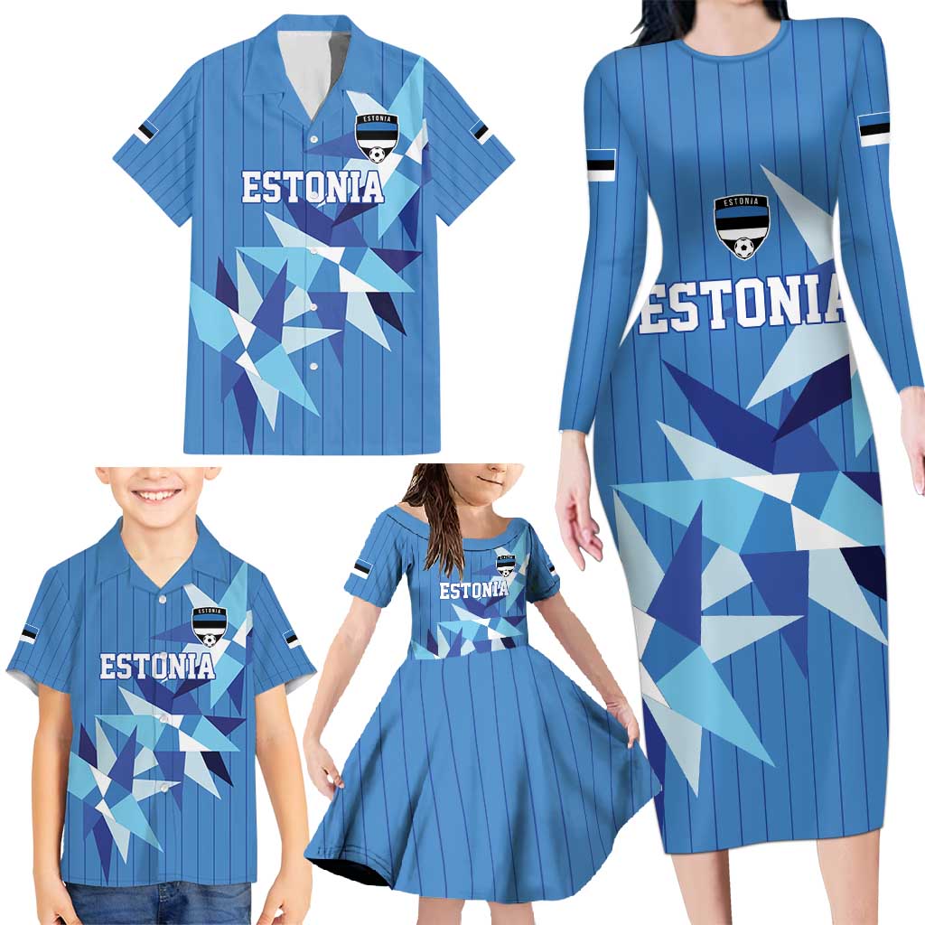 Custom Estonia Football Family Matching Long Sleeve Bodycon Dress and Hawaiian Shirt Retro Jersey Blue Version