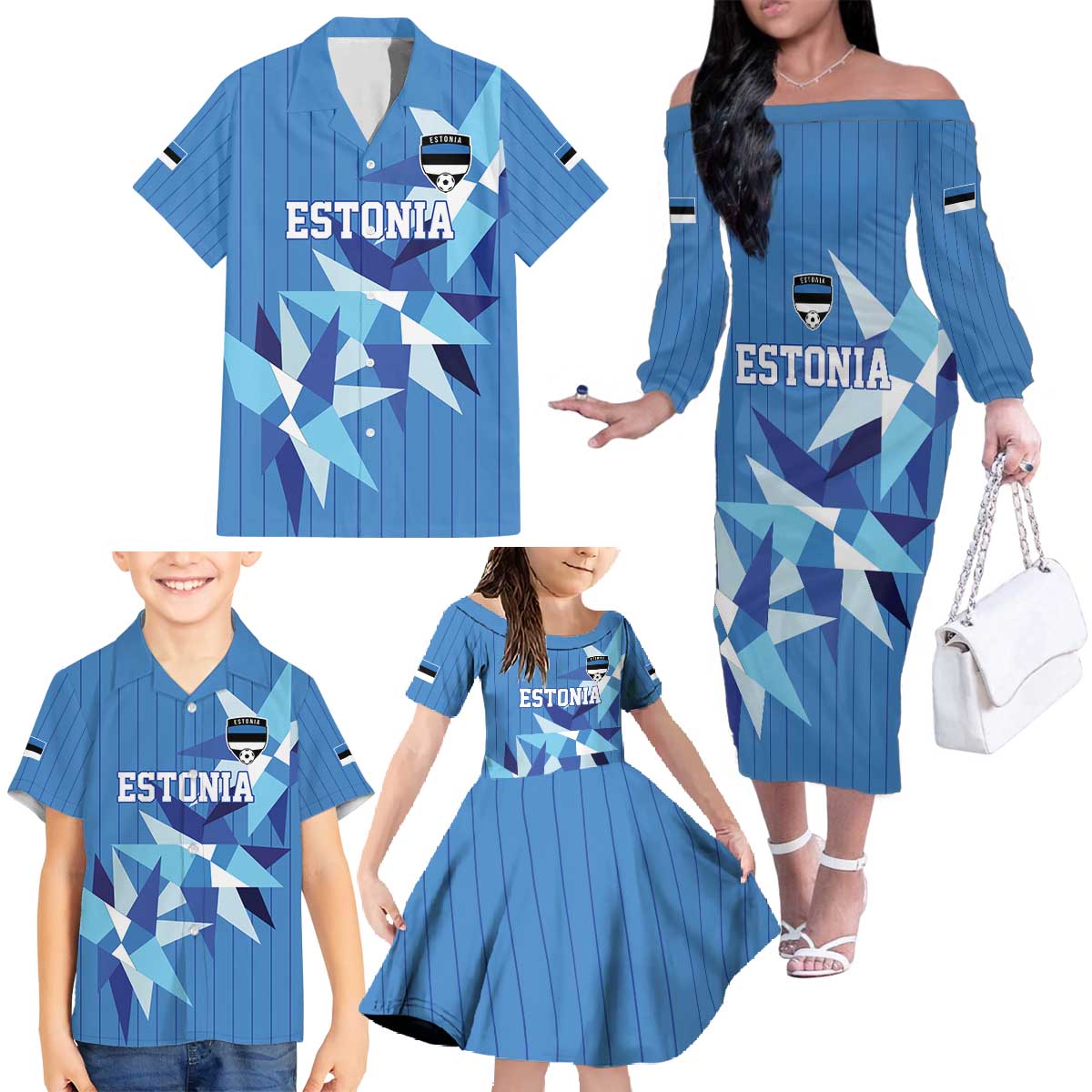 Custom Estonia Football Family Matching Off The Shoulder Long Sleeve Dress and Hawaiian Shirt Retro Jersey Blue Version