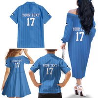 Custom Estonia Football Family Matching Off The Shoulder Long Sleeve Dress and Hawaiian Shirt Retro Jersey Blue Version