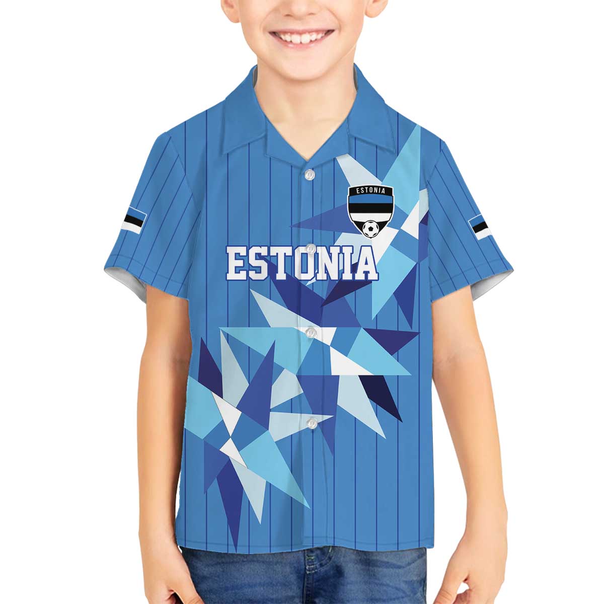 Custom Estonia Football Family Matching Off The Shoulder Long Sleeve Dress and Hawaiian Shirt Retro Jersey Blue Version