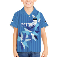 Custom Estonia Football Family Matching Off The Shoulder Long Sleeve Dress and Hawaiian Shirt Retro Jersey Blue Version