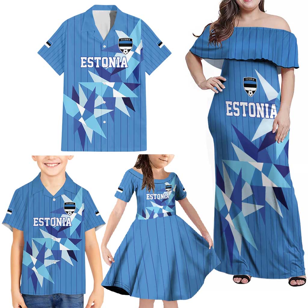 Custom Estonia Football Family Matching Off Shoulder Maxi Dress and Hawaiian Shirt Retro Jersey Blue Version