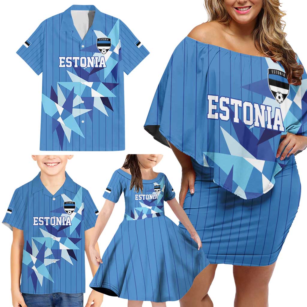 Custom Estonia Football Family Matching Off Shoulder Short Dress and Hawaiian Shirt Retro Jersey Blue Version