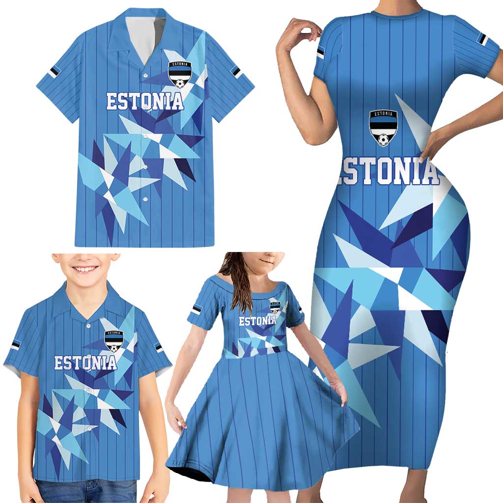 Custom Estonia Football Family Matching Short Sleeve Bodycon Dress and Hawaiian Shirt Retro Jersey Blue Version