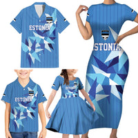 Custom Estonia Football Family Matching Short Sleeve Bodycon Dress and Hawaiian Shirt Retro Jersey Blue Version
