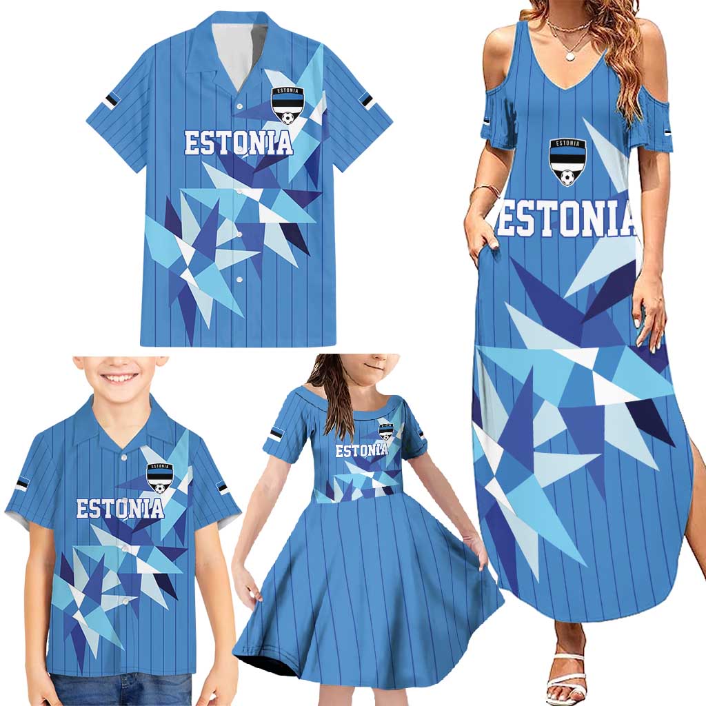 Custom Estonia Football Family Matching Summer Maxi Dress and Hawaiian Shirt Retro Jersey Blue Version