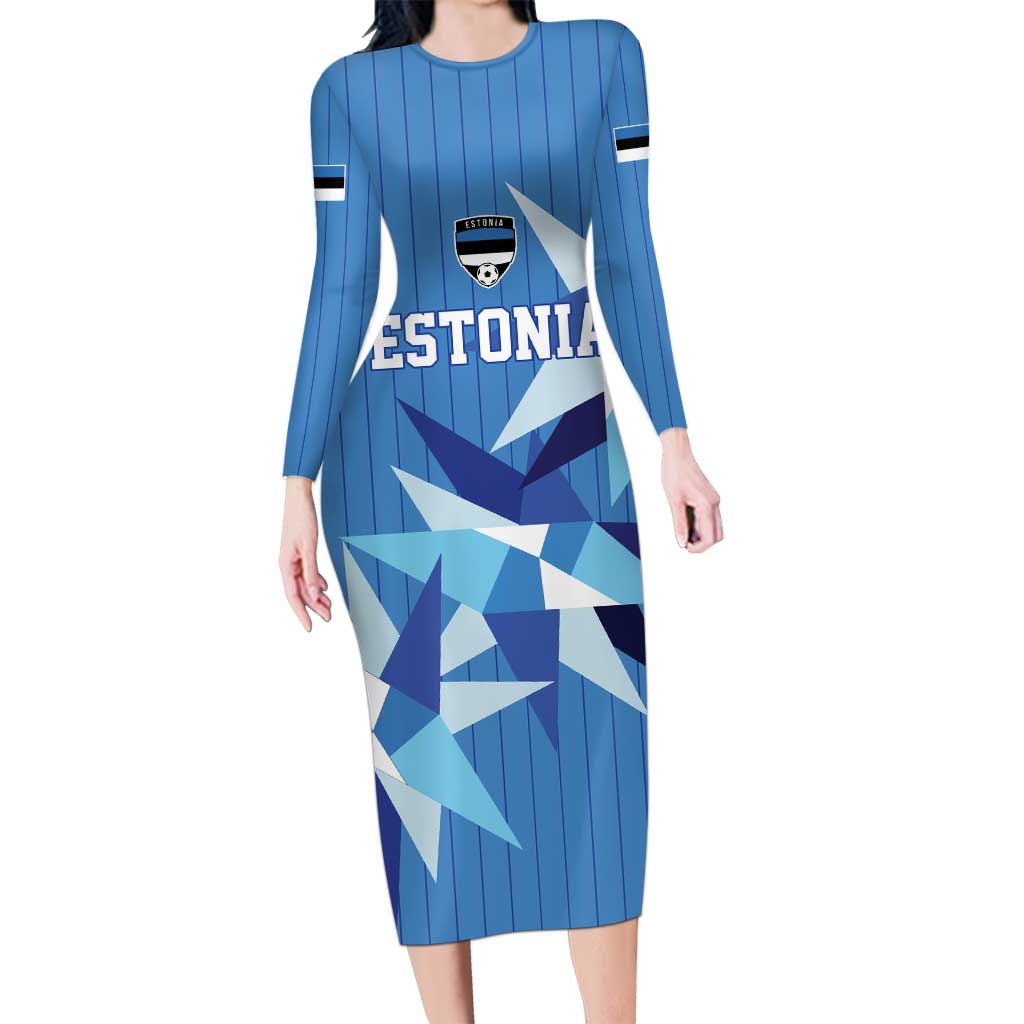 Custom Estonia Football Long Sleeve Bodycon Dress Retro Jersey Blue Version