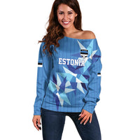 Custom Estonia Football Off Shoulder Sweater Retro Jersey Blue Version