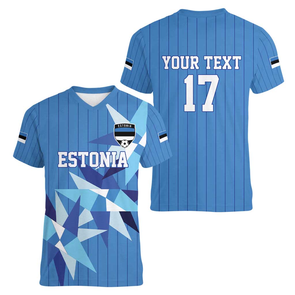 Custom Estonia Football Women V-Neck T-Shirt Retro Jersey Blue Version