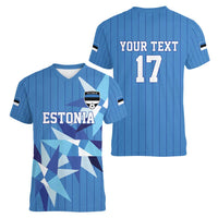 Custom Estonia Football Women V-Neck T-Shirt Retro Jersey Blue Version