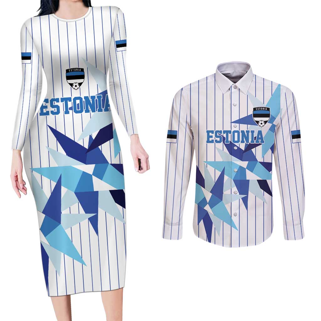 Custom Estonia Football Couples Matching Long Sleeve Bodycon Dress and Long Sleeve Button Shirt Retro Jersey White Version