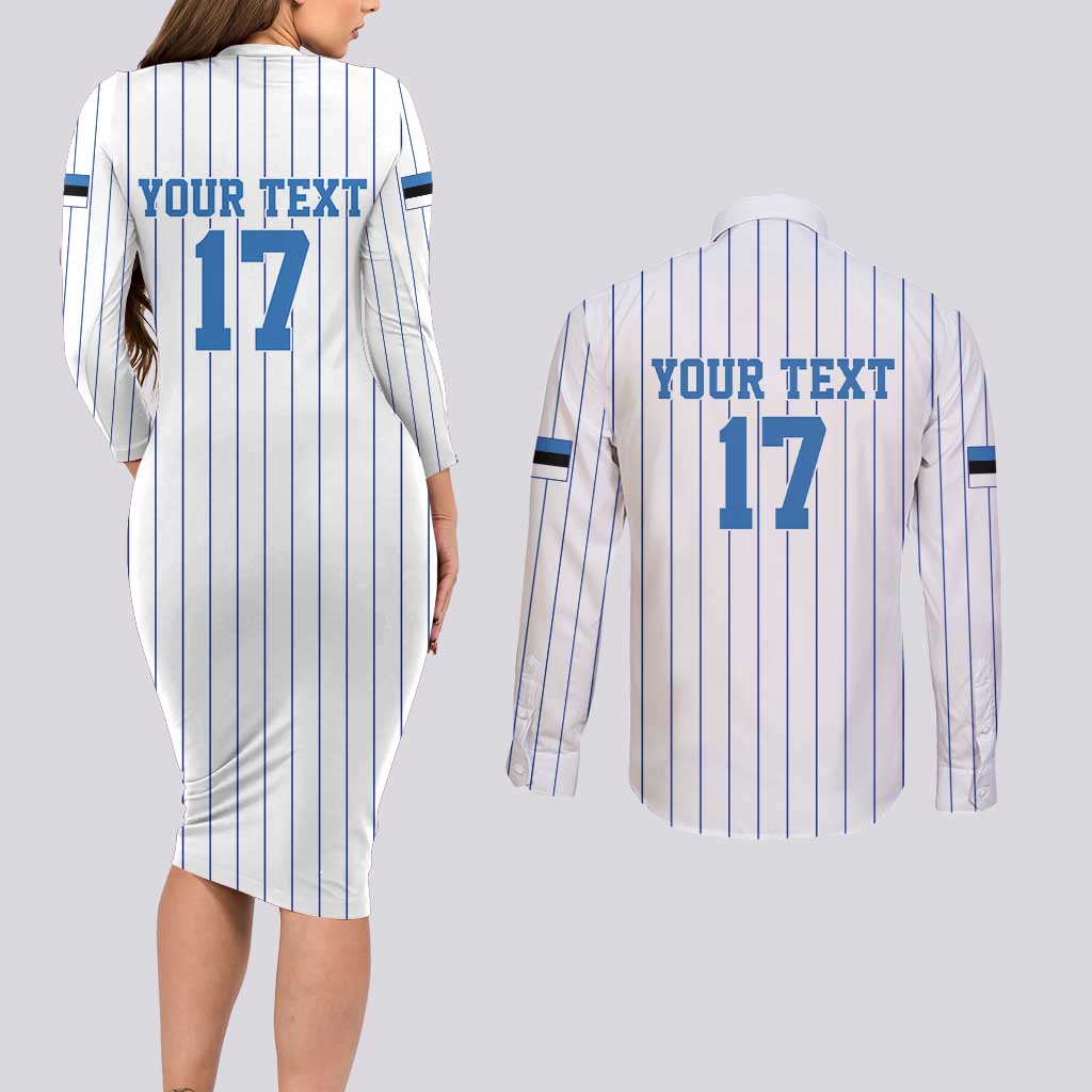 Custom Estonia Football Couples Matching Long Sleeve Bodycon Dress and Long Sleeve Button Shirt Retro Jersey White Version