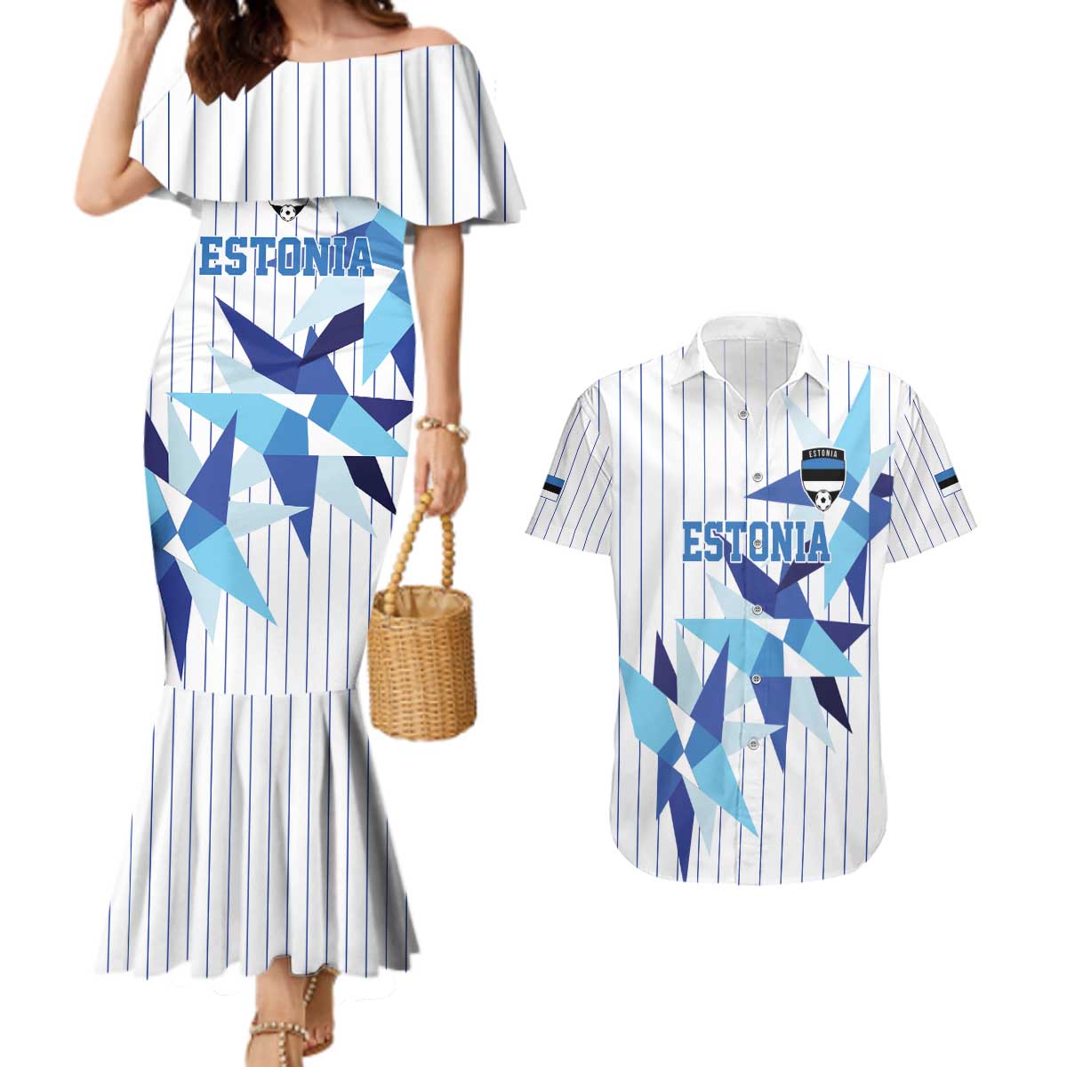 Custom Estonia Football Couples Matching Mermaid Dress and Hawaiian Shirt Retro Jersey White Version