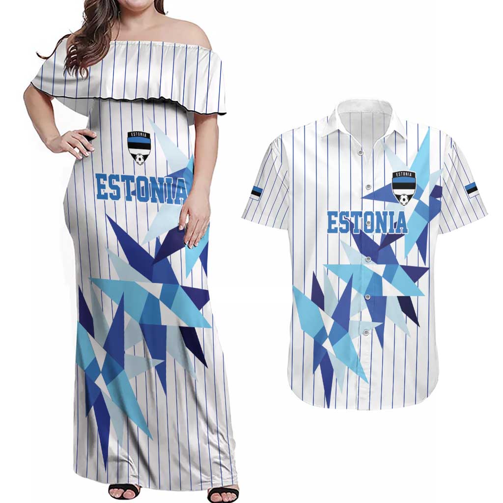 Custom Estonia Football Couples Matching Off Shoulder Maxi Dress and Hawaiian Shirt Retro Jersey White Version