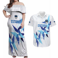 Custom Estonia Football Couples Matching Off Shoulder Maxi Dress and Hawaiian Shirt Retro Jersey White Version