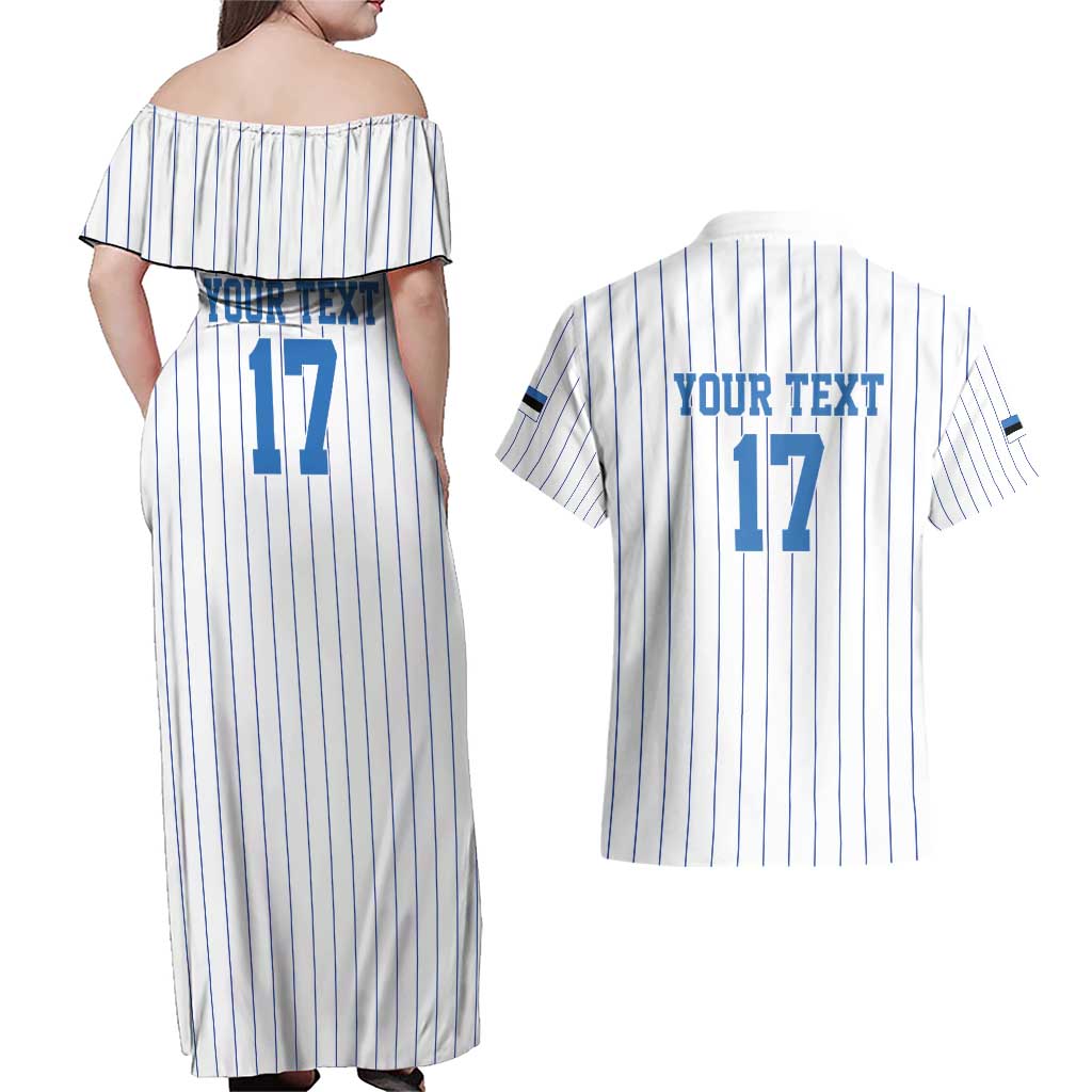 Custom Estonia Football Couples Matching Off Shoulder Maxi Dress and Hawaiian Shirt Retro Jersey White Version