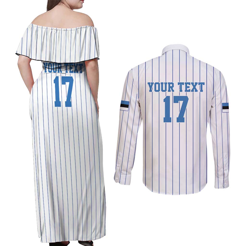 Custom Estonia Football Couples Matching Off Shoulder Maxi Dress and Long Sleeve Button Shirt Retro Jersey White Version