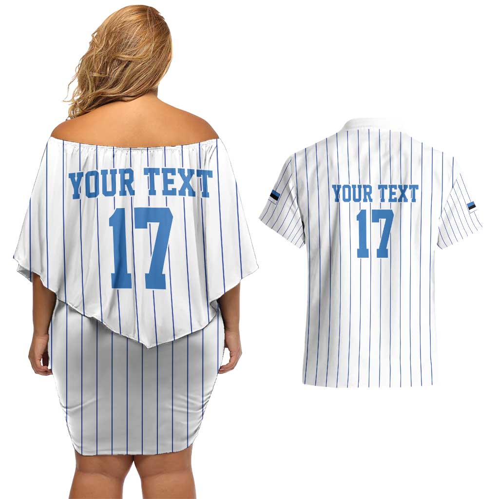 Custom Estonia Football Couples Matching Off Shoulder Short Dress and Hawaiian Shirt Retro Jersey White Version