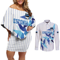 Custom Estonia Football Couples Matching Off Shoulder Short Dress and Long Sleeve Button Shirt Retro Jersey White Version