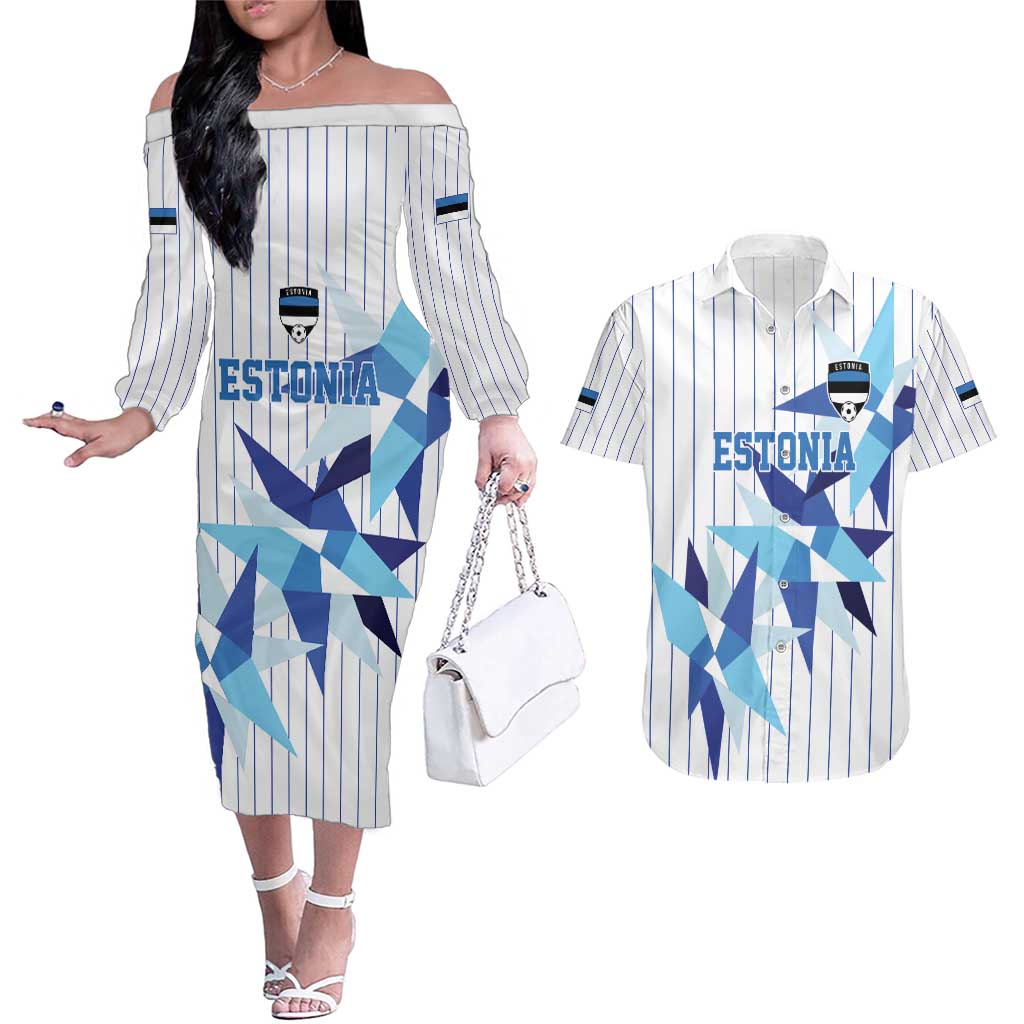 Custom Estonia Football Couples Matching Off The Shoulder Long Sleeve Dress and Hawaiian Shirt Retro Jersey White Version