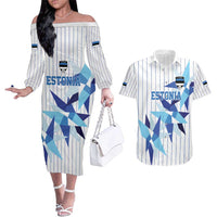 Custom Estonia Football Couples Matching Off The Shoulder Long Sleeve Dress and Hawaiian Shirt Retro Jersey White Version
